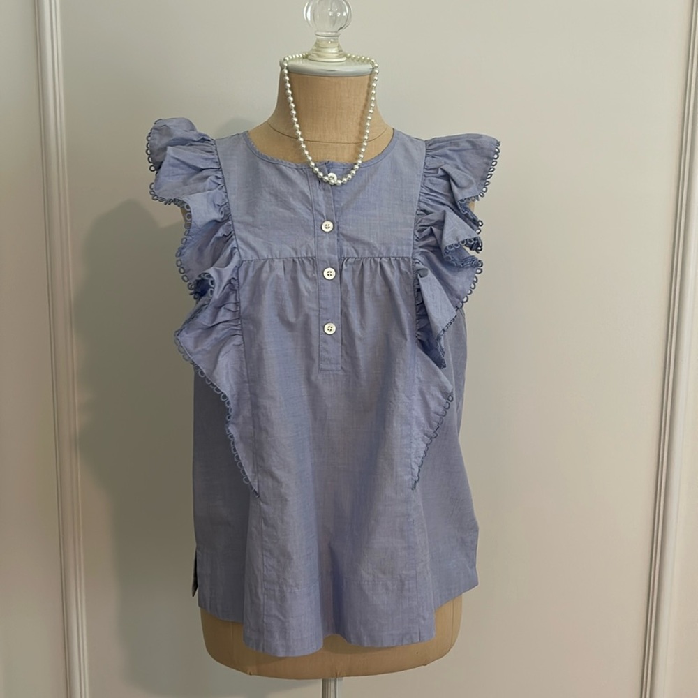 J. CREW Ruffle Front Blouse, Cotton Peri Blue,  EUC Size 6